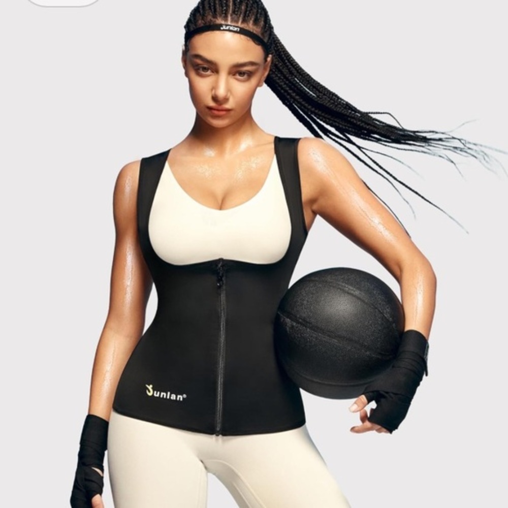 Junlan sauna suit sweat waist trainer Black silver Shapewear front zip size 3X